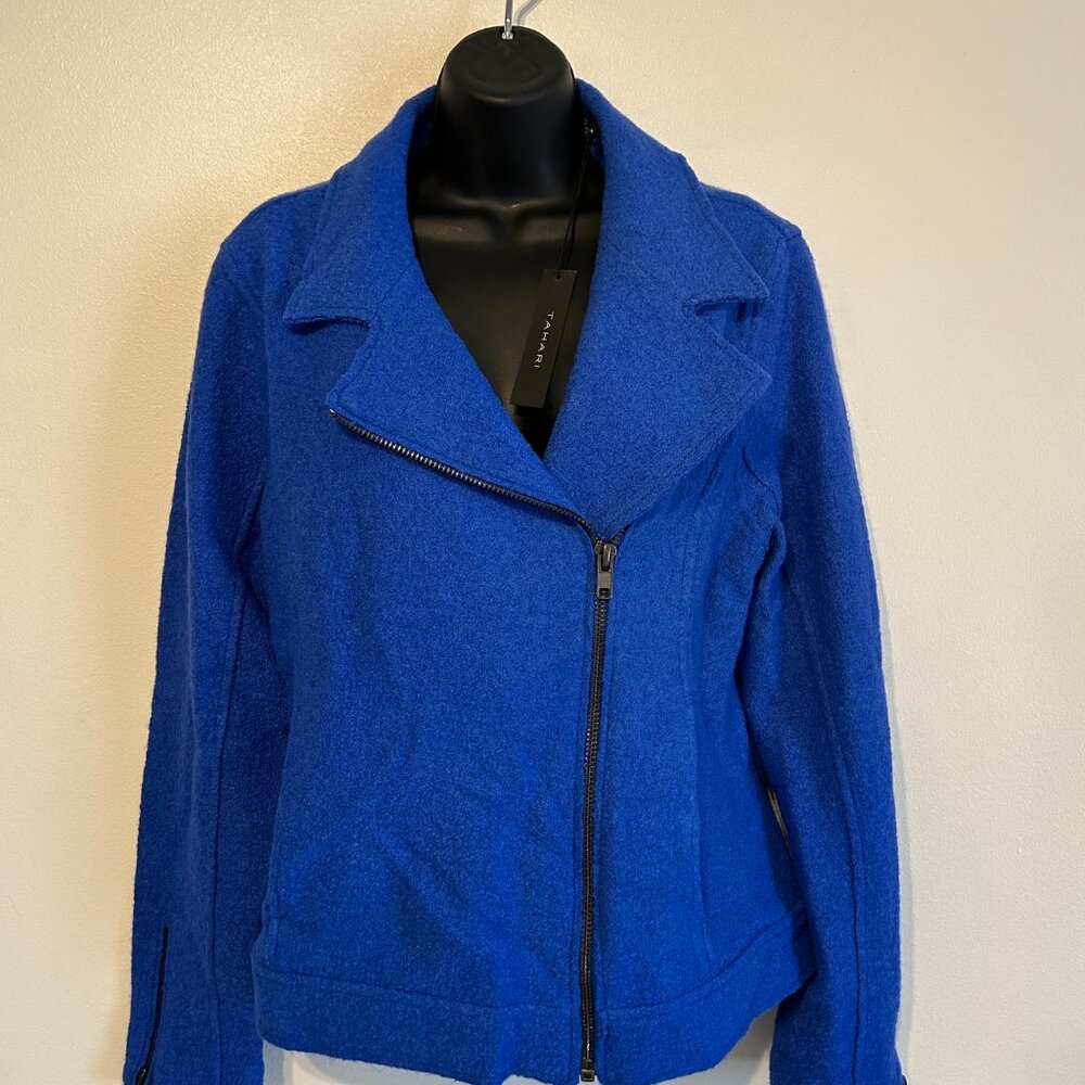 Tahari Wool Asymmetrical Jacket Collar Zippers Long Sleeves, Royal Blue Size M